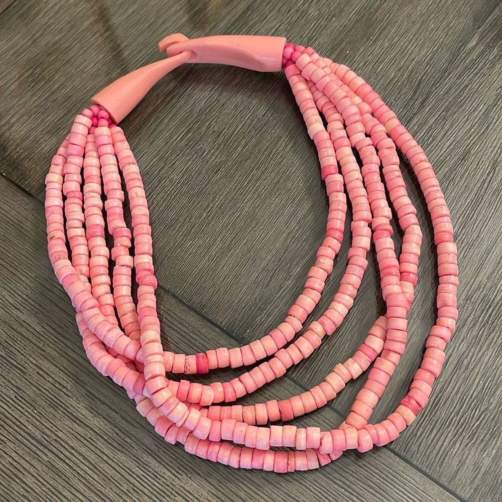 VTG Gerda Lynggaard Monies 5-Strand Dyed Pink Horn Bone Beads Runway Necklace